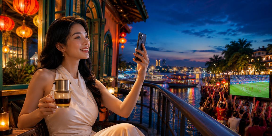 Người dùng Hà Nội xem lịch thể thao trên điện thoại tại quán cà phê